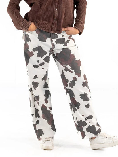 Cow Print Straight Leg Jeans