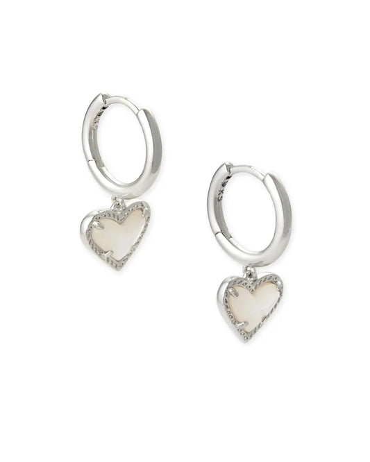 Kendra Scott Ari Heart Huggie Ear Rhodium Ivory Mother of Pearl