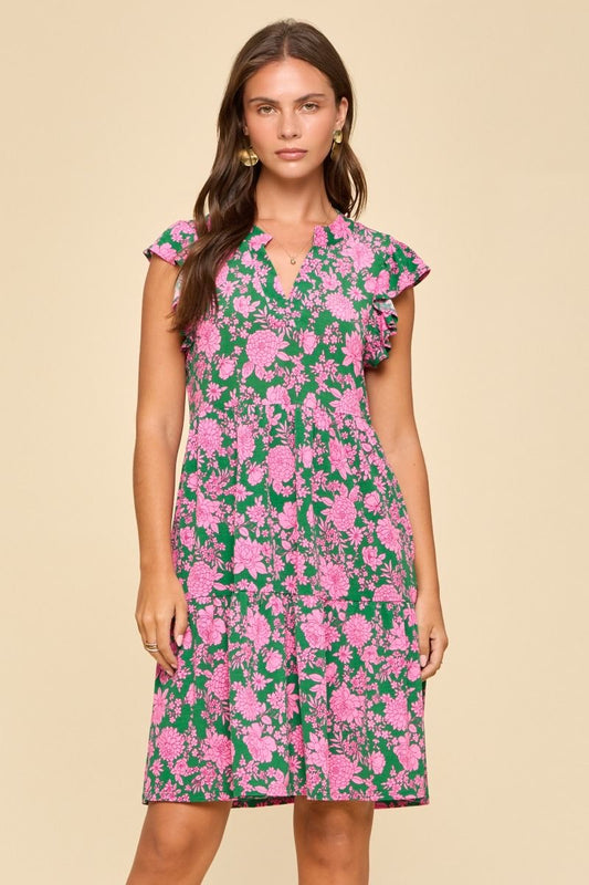 Emerald Pink Floral Lizzy Flutter Dress